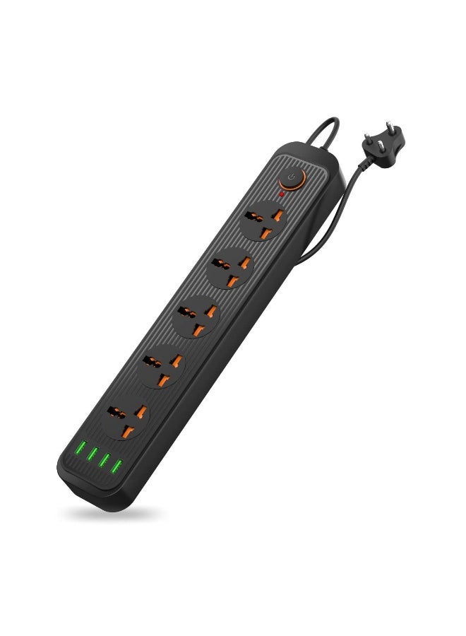 بورترونيكس Portronics Power Plate 6 with 4 USB Port + 5 Power Sockets Extension Board, 2500W Power Converter, Cord Length 3Mtr (Black) - Image 1